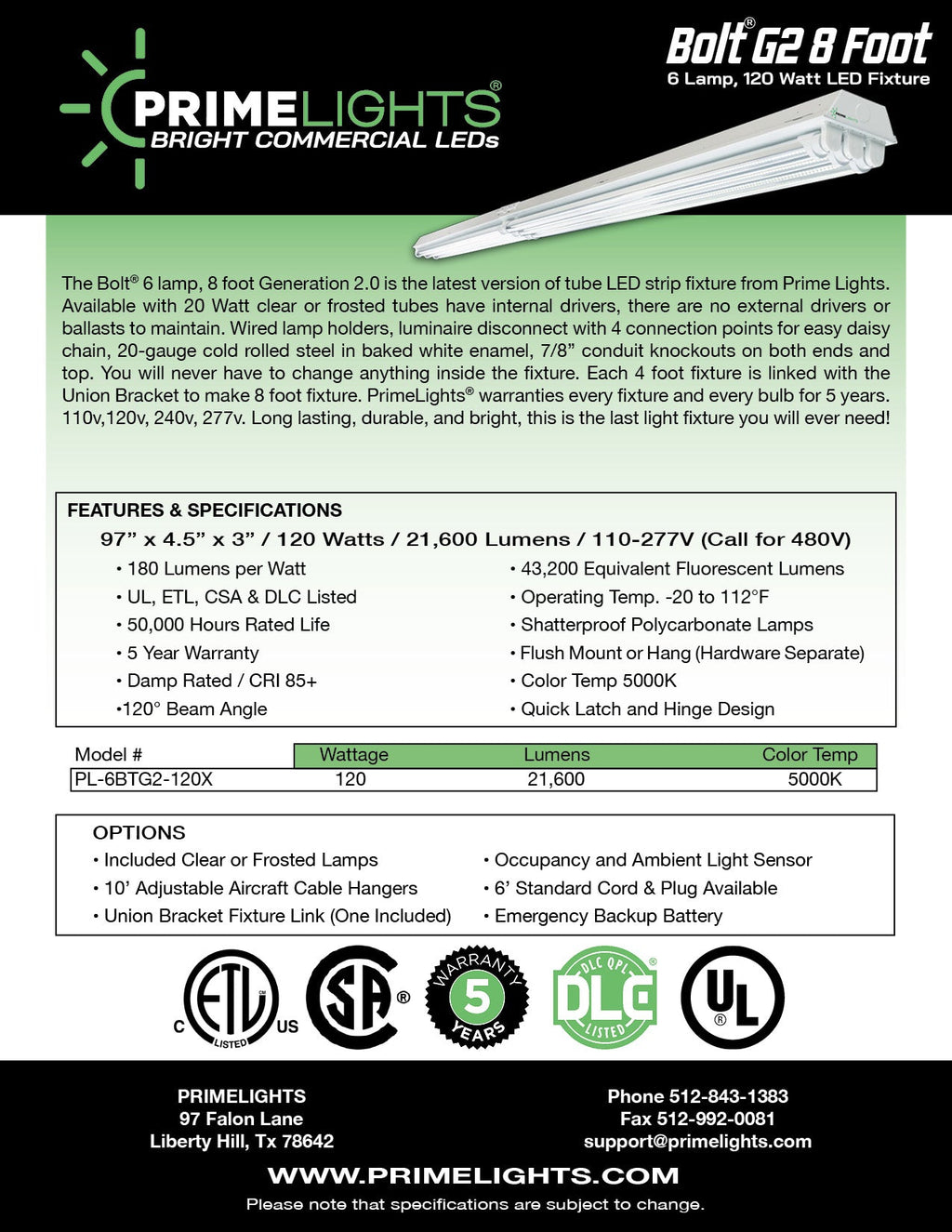 8ft. LED 6 Lamp BOLT GEN 2 - 120W - 21,600 Lumens - Clear/Frosted
